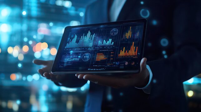 Person holding a tablet displaying various colorful data graphs and charts in a futuristic setting