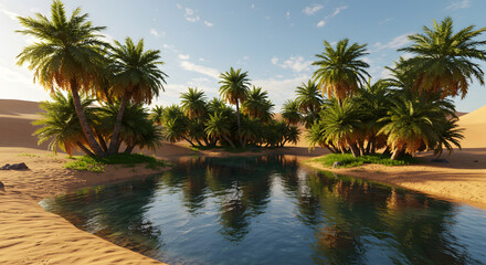 Fototapeta premium A serene desert oasis with palm trees and a clear pool