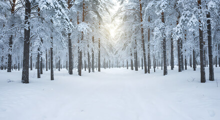 Naklejka premium A serene snowy forest with soft winter light pine trees covered