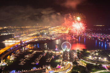 Miami Night Celebration with Fireworks Over Bayfront Park and Marina