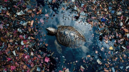 Turtle Swimming Through Pollution-Laden Water Surrounded by Colorful Plastic Waste and Untreated Debris in Disturbing Marine Environment