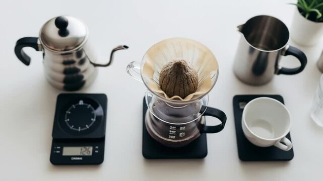 Pour Over Coffee Brewing Process: Weighing, Filtering, and Preparing a Fresh Cup