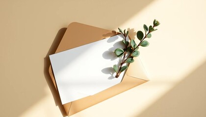 Blank paper card mockup with eucalyptus sprig in craft envelope, sunlit beige table  Soft shadows, vertical, copyspace,  wedding,  aesthetic