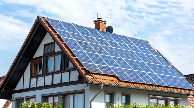 modern suburban house with solar panels on the roof, sunny day, eco-friendly lifestyle, clean energy stock image, white sky fade background