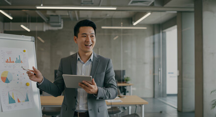A happy man presenting a project on a tablet in a modern office