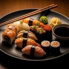Elegant Japanese Sushi Platter with Artistic Food
