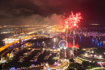 Miami Night Celebration with Fireworks Over Bayfront Park and Marina
