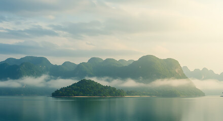Fototapeta premium Serene Lakeside Scene Islands and Mountains under a Misty Sky, a tranquil landscape bathed in soft light