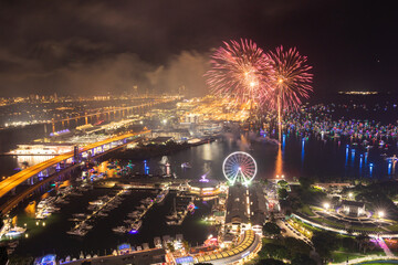 Miami Night Celebration with Fireworks Over Bayfront Park and Marina