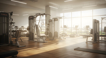 A modern gym with sleek equipment sunlight through large windows