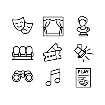 Theater and drama icons collection. Outline symbols. Line design