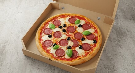 Pepperoni pizza with olives and basil in a cardboard box on a gray textured surface closeup view