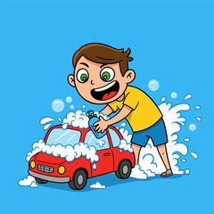 Cartoon character washing blue car with brush, bubbles, and yellow gloves.