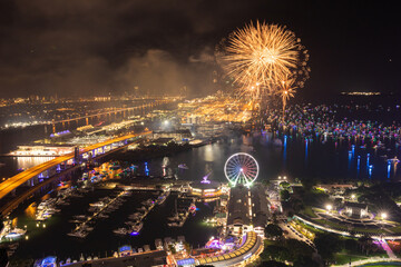 Miami Night Celebration with Fireworks Over Bayfront Park and Marina