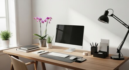 Bright Home Office Setup with Computer and Desk Plant
