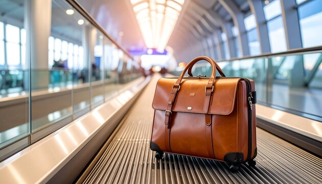 Brown briefcase on airport conveyor belt