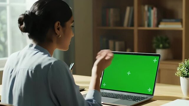 A young woman attentively observes a chroma-keyed laptop screen during a workday from her home office.