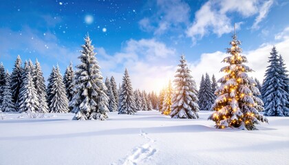 Fototapeta premium Snowy forest at dawn with decorated tree