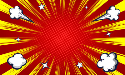 Pop art red yellow comics book cartoon magazine cover. Cartoon funny retro pattern strip mock up. halftone illustration. Vintage backdrop for comic superhero text, speech bubble, message.