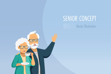 Elderly couple in happy manner with smiling faces. Template, banner for senior healthy aging, health insurance and elderly wellbeing concept.	Vector.
