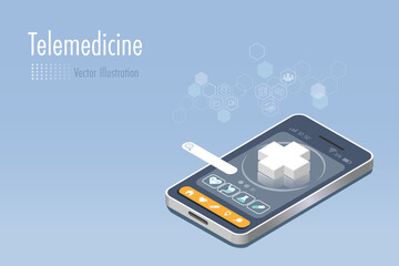 Telemedicine, virtual doctor, medical and health care service innovation technology. Medical app for research and diagnosis patient health on smartphone. 3D Isometric vector.
