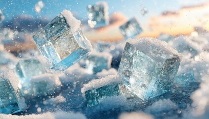 Ice cubes falling in snow