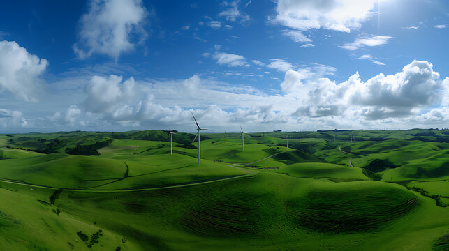 stock image of futuristic eco-friendly city with solar rooftops, wind turbines, electric buses, green spaces, clear sky, modern architecture, sustainability concept - Powered by Adobe