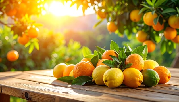 Fresh citrus fruits on a wooden table under a tree
