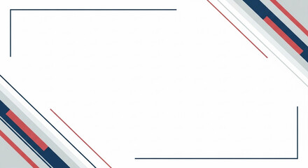 Abstract geometric design with red, blue, and gray diagonal lines forming a frame on a white background.
