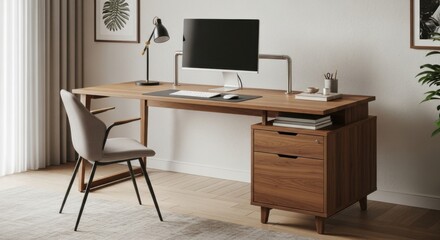 Modern wooden home office desk with chair and computer setup