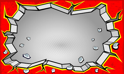comic cartoon wall cracked hole on red grunge texture , broken wall background illustration. cracked and perforated wall 