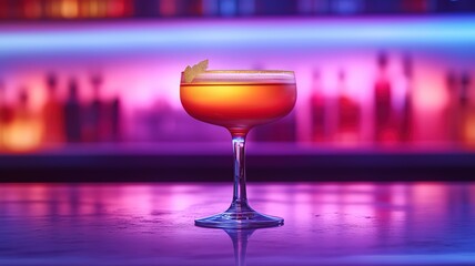 Aurora borealis gradient cocktail with floating edible gold leaf and condensation on coupe glass under neon bar lighting