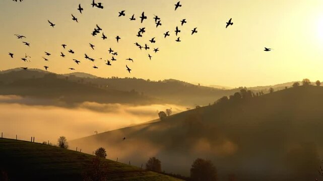 Birds silhouette against the orange morning sky, flying over the city's misty landscape as the sun rises through the clouds