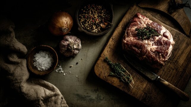 Rustic Food Composition with Raw Meat, Fresh Herbs, Garlic, Onion, and Colorful Peppercorns on a Wooden Cutting Board in Dramatic Lighting