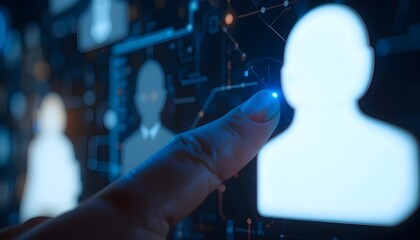 Finger touching a glowing profile icon on a digital interface with network connections visible around it