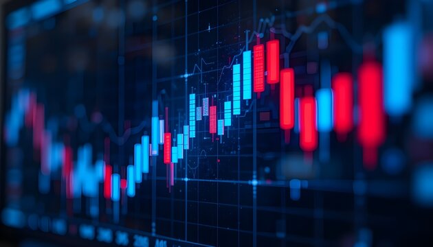 A close up view of a stock market chart with red and blue bars on a dark grid background screen