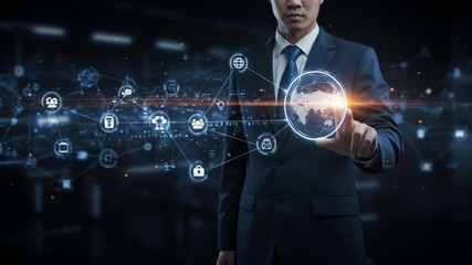 Man in suit touching a digital globe with network icons floating around him in a dark environment - Powered by Adobe