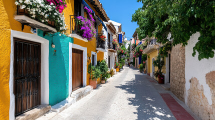 Fototapeta premium Colorful narrow street with flowered balconies and vibrant buildings creates charming atmosphere