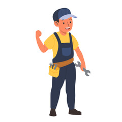 Cheerful Cartoon Mechanic with Wrench Vector Illustration