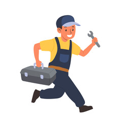 Running Mechanic with Toolbox and Wrench Vector Illustration