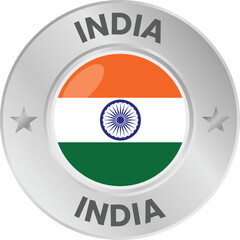 India flag in silver colored medal. National flag in metal circle emblem.