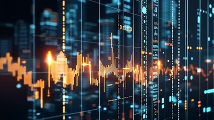 Abstract digital city skyline with glowing data visualizations and graphs, showcasing technology trends - Powered by Adobe