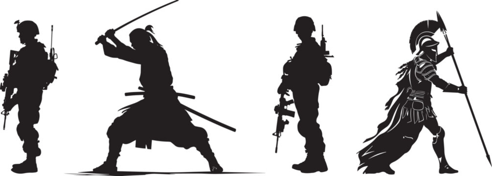 Collection of silhouette of a soldier, fighter, sumuria standing with a rifle and a radio, against a white background.