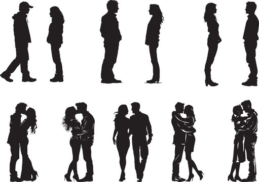 A silhouette of a man and a woman facing each other, with the man on the right and the woman on the left.