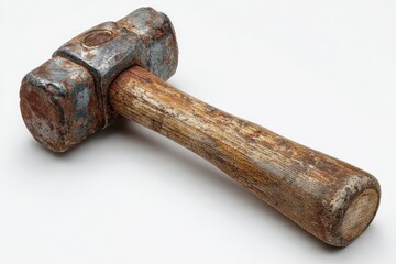 Weathered wooden-handled sledgehammer, showing signs of extensive use and rust on the metal head