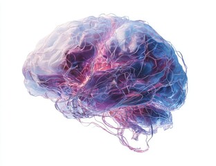 3D rendered translucent brain, showcasing intricate neural pathways and internal structures in cool and warm tones