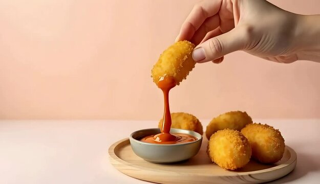 A close-up food photography showcasing a hand dipping a crispy chicken nugget into rich, red ketchup, capturing the perfect moment of indulgence and flavor.
