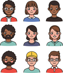 Set of people faces, a collection of funny cartoon avatar vector icons, illustrating various characters with different hairstyles, perfect for business or family designs