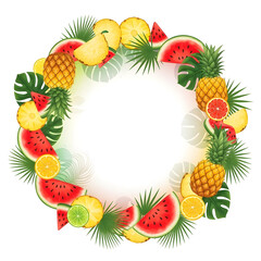Circular fruit and tropical leaf summer frame with empty center for text placement
