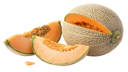 Fresh cantaloupe melon slices and whole cantaloupe for healthy eating and summer fruit nutrition...